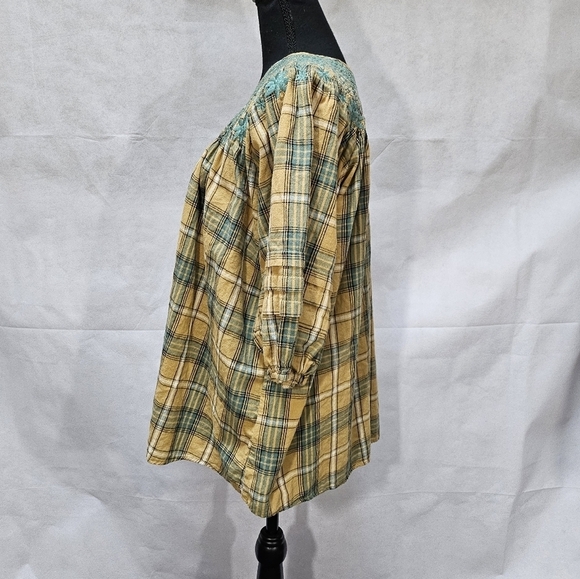 Easel Embroidered Floral & Plaid Oversized Top 100% Cotton Brown Teal Size S - Picture 3 of 8